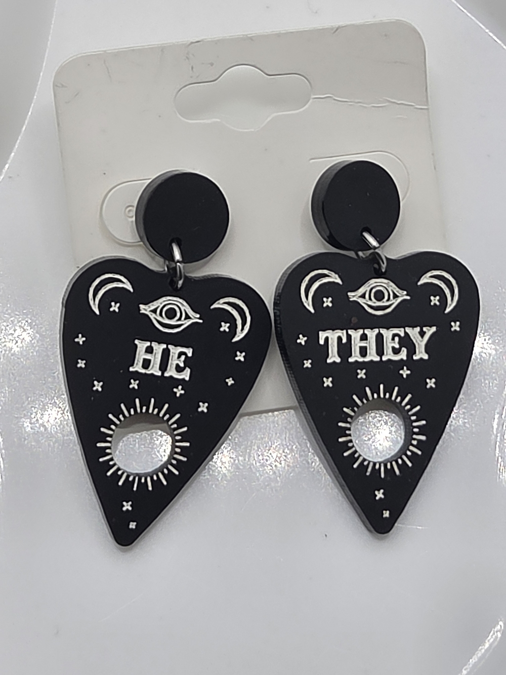 🔮✨ Black Planchette Pronoun Dangle Earrings "He / They" 👁️🖤